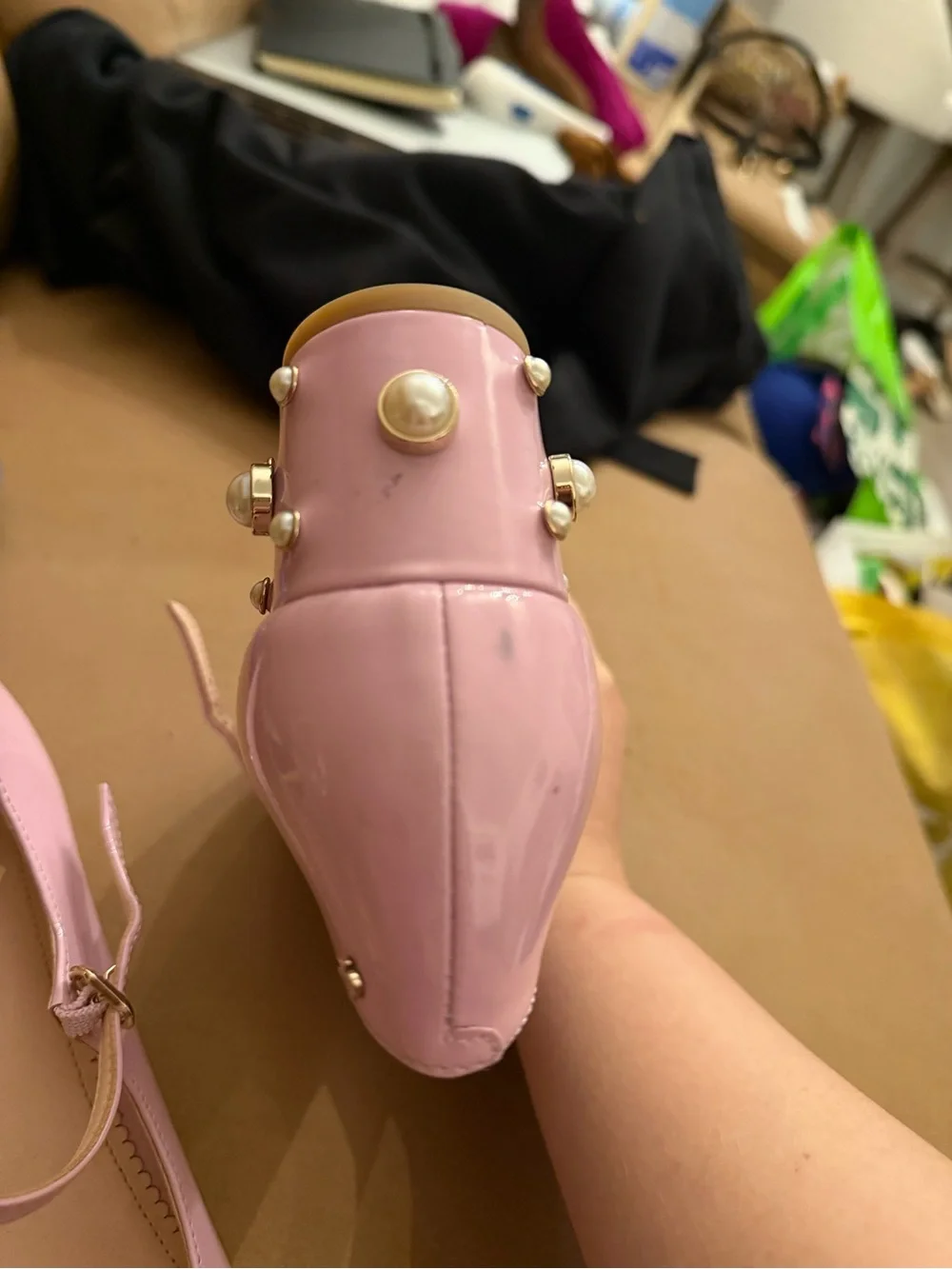 kate spade Pink Patent Mary Jane Heels with Pearl-Embellished Block Heel **poor